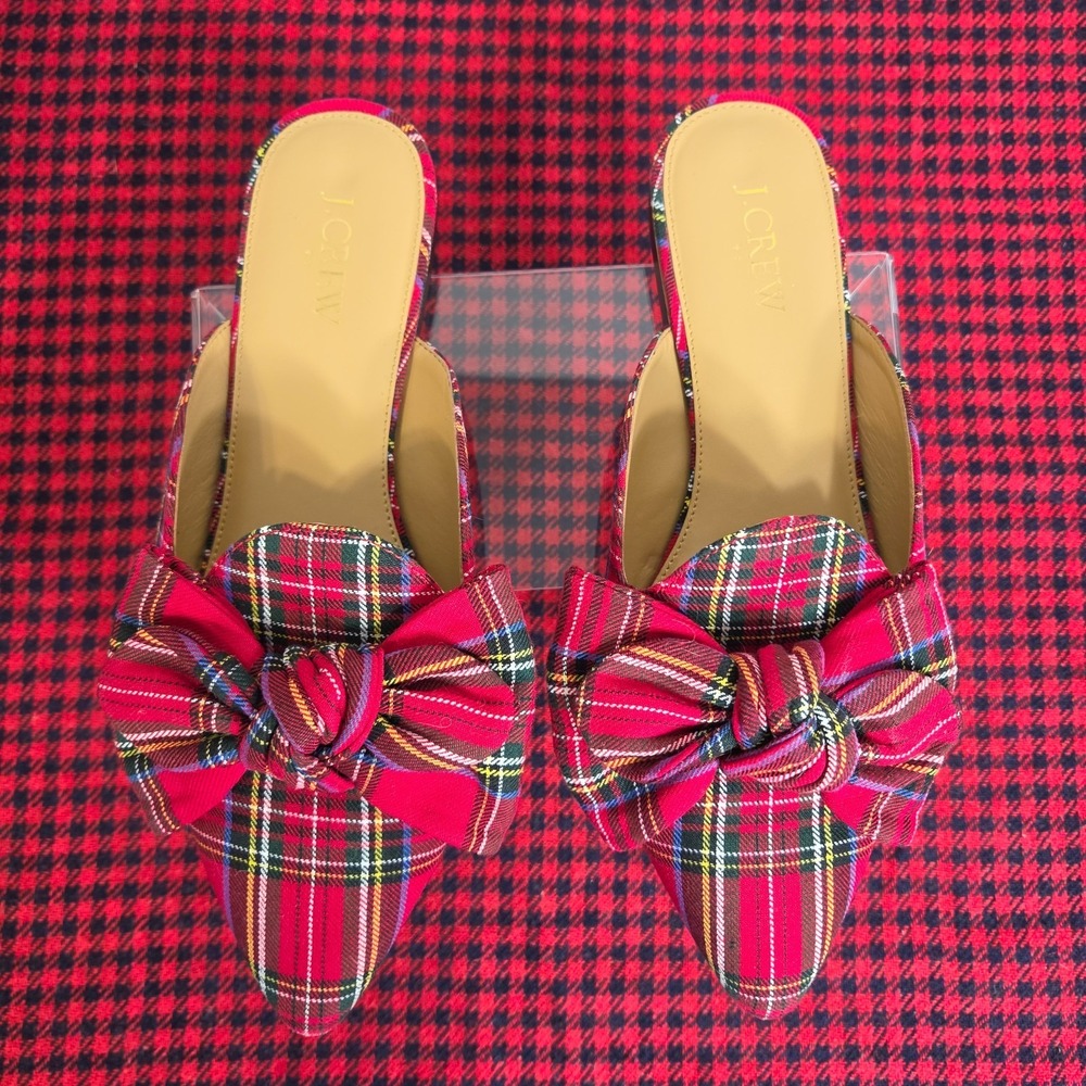 J. Crew Womens Red Tartan Plaid Bow Pointed Toe Christmas  Mule Flats Sz 8 Plaid